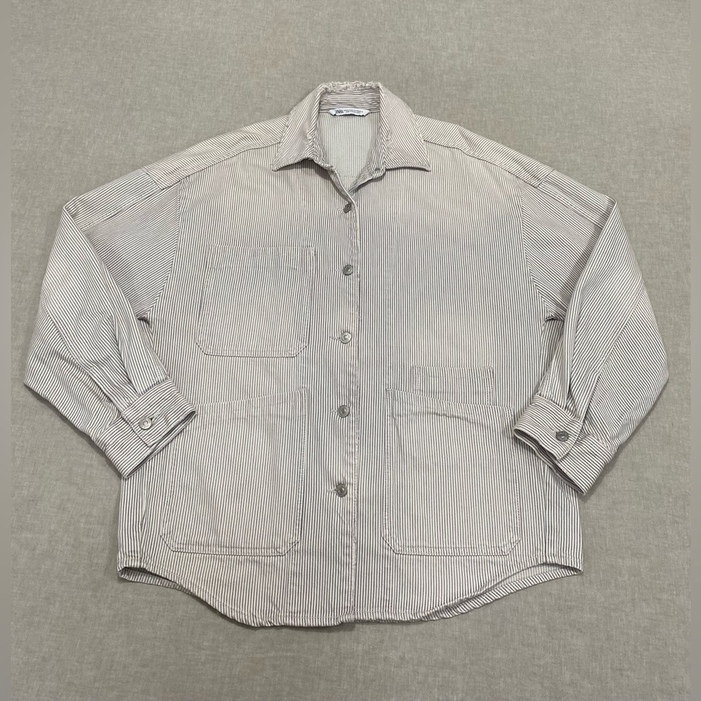 Zara Oversized Denim Striped Overshirt Women Sz M Light Pink Boho Preppy Jacket